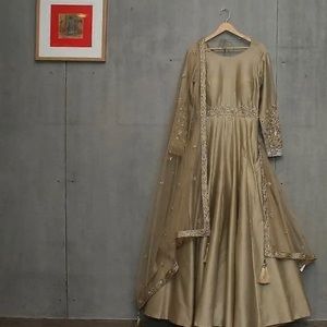 Pakistani Indian Gold Silk Anarkali Suit Gown